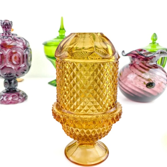 Vintage VIKING GLASS Amber Diamond Point  Glimmer Fairy Lamp Light  Holder - Picture 2 of 2